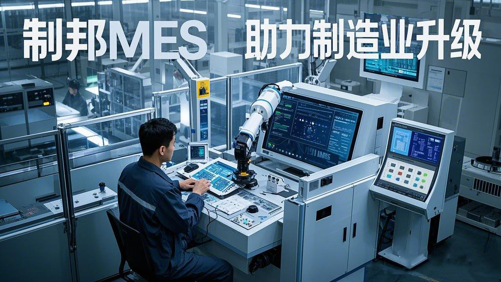 主題為 “制邦MES 助力制造業升級”。畫面呈現出一個現代化的智能工廠，車間里機械臂有序地工作，在工廠的中控室里，大屏幕上展示著生產數據和制邦MES的數據分析圖表，一位工程師正在通